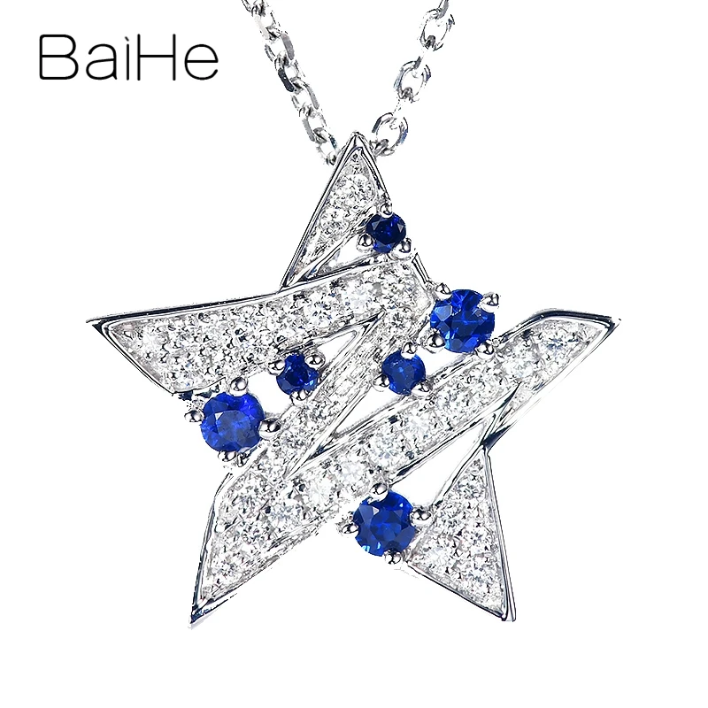 BAIHE Solid 14K белое золото безупречный 0.15ct круглый натуральный Sapphirs женские модные ювелирные изделия элегантный подарок кулон