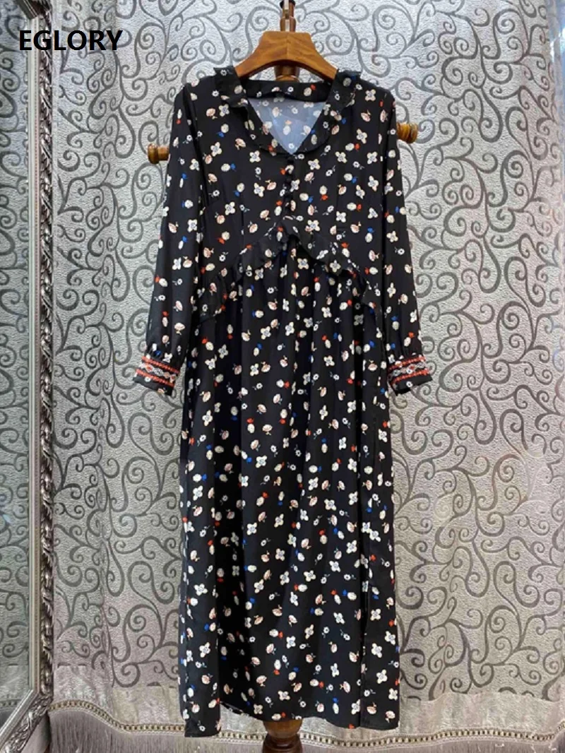 

2019 Autumn Fashion Silk Dress High Quality Women V-Neck Elegant Floral Print Long Sleeve Mid-Calf Length Casual Dress Female