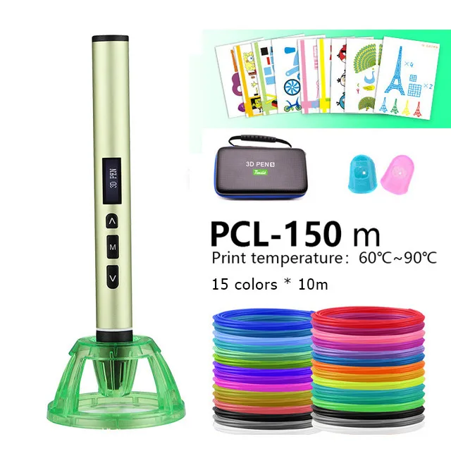 Лучшая 3D Ручка 3d переключаемый PCL и PLA режимы, 150 метерpcl нити, металлический корпус, USB источник питания, рождественские подарки - Цвет: Green pen PCL150m