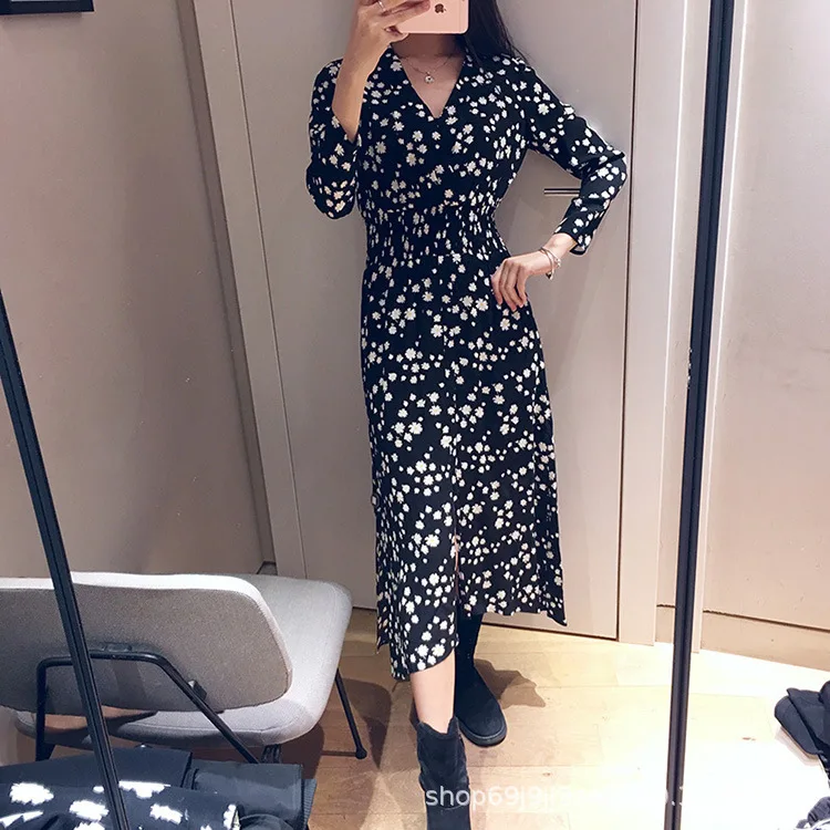 

French Elegant M Home Autumn WOMEN'S Dress New Style Elegant Floral-Print Little Daisy Slim Fit Chiffon Long-sleeved Dress