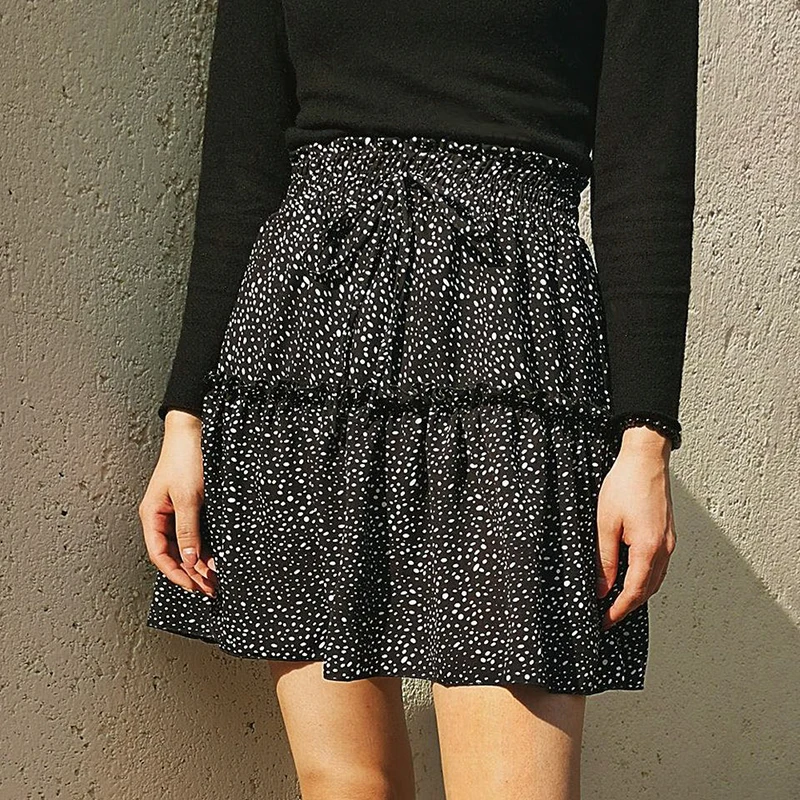 Affogatoo Casual polka dot ruffle summer pink skirt women A line high waist pleated short skirt Floral print chiffon beach skirt Affogatoo Casual polka dot ruffle summer pink skirt women A line high waist pleated short skirt Floral print chiffon beach skirt