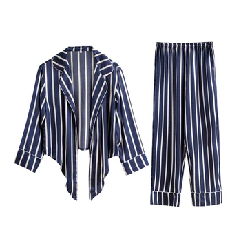 

JULY'S SONG 2020 New Summer Faux Silk Pajamas Set 2 Pieces Striped Cardigan Women Nightwear Spring Sleepwear Sets Homewear