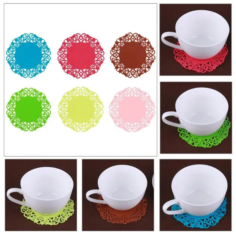 

Lacework Coasters for Drinks Cup Mats Silicone Placemat Round Hollow Design Heat Resistant Coffee Mat Tableware Decor