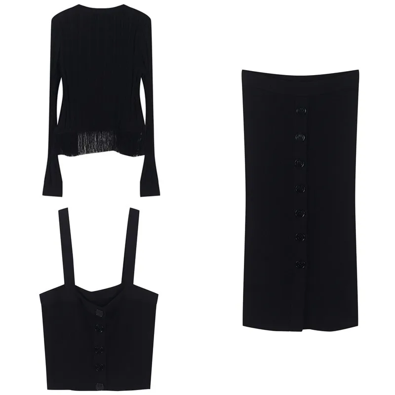 

3 Pieces Set Slim Fit Women Suit Button Tassel Knitted Sets Solid Cardigan Camis Mid-Calf Skirt High Spring Summer 2020