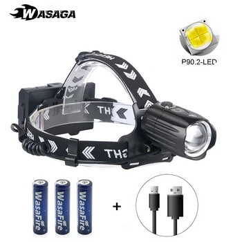 

High Power XHP90.2 LED Headlamp Zoomable Headlight USB Rechargeable Fishing Torch Lantern Use 3*18650 Battery