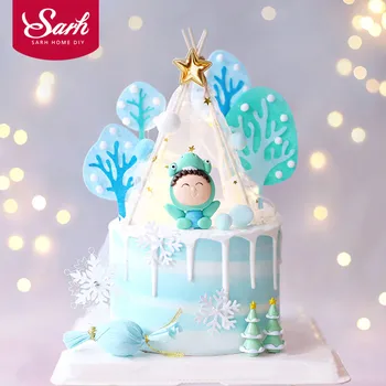 

Winter Felt Tree Penguin Cake Topper for Baby Shower Snowflake New Year Party Decor Star Snowman Baking Supplies Love Gifts