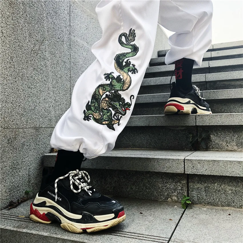 

HOUZHOU Korean Style Wide Leg Pants Women Harajuku Pants Streetwear Fashion Embroidery Wide Pants Elastic White Black Trousers