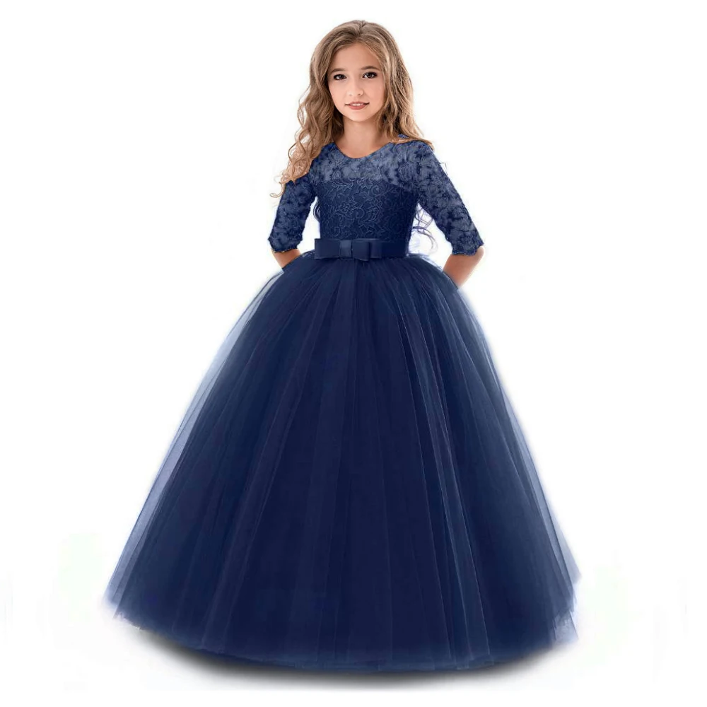 Новое Стильное длинное платье с цветами для девочек на свадьбу, vestidos de primera comunion, детское платье для первого причастия Пышное Бальное Платье для девочек - Цвет: 8547-Navy