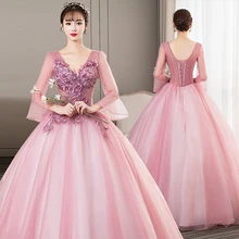 Дешевые Бальные платья розового цвета с длинным рукавом, бальное платье для выпускного вечера 15 anos
