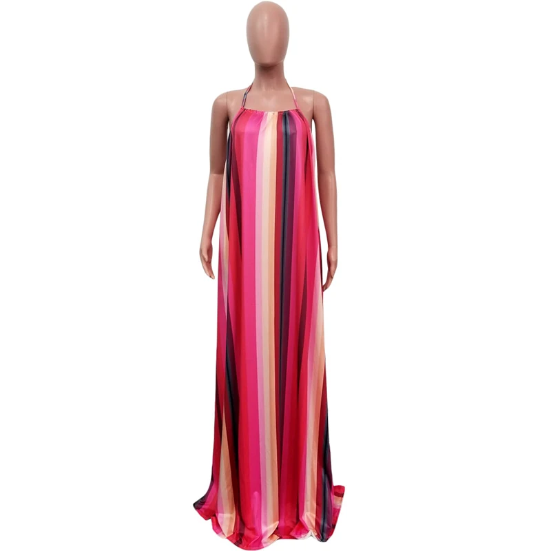 Женское летнее длинное платье размера плюс с открытой спиной, длинное платье без рукавов, Повседневное платье в полоску с принтом, Vestidos - Цвет: Многоцветный