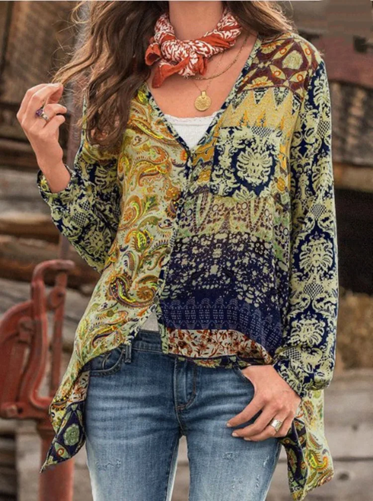 5XL размера плюс Boho женские топы и блузки с длинным рукавом модные V образным вырезом для отдыха женские рубашки топы винтажная одежда - Цвет: yellow
