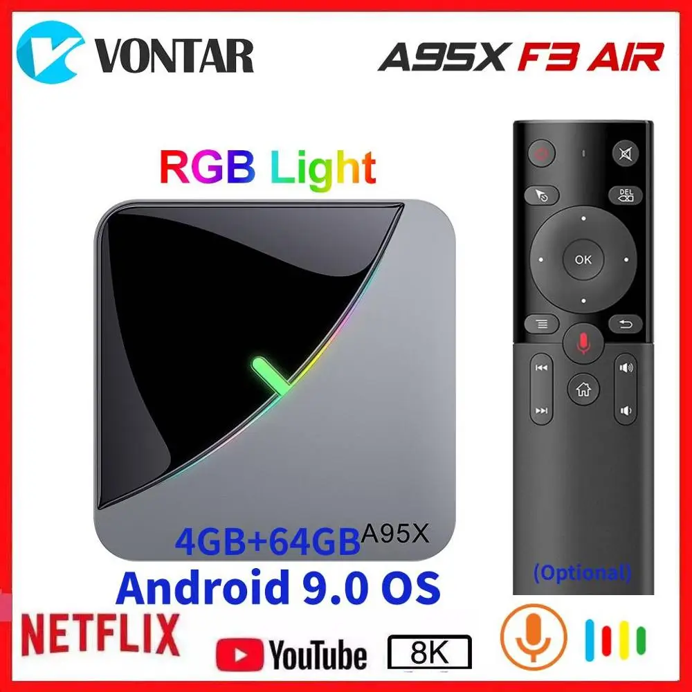 Comprar A95X F3 aire Amlogic S905X3 Android 9,0 caja de TV A95X F3 RGB de luz inteligente Set Top caja Max 4GB RAM 64GB ROM 8K reproductor de medios OTA 2 16G