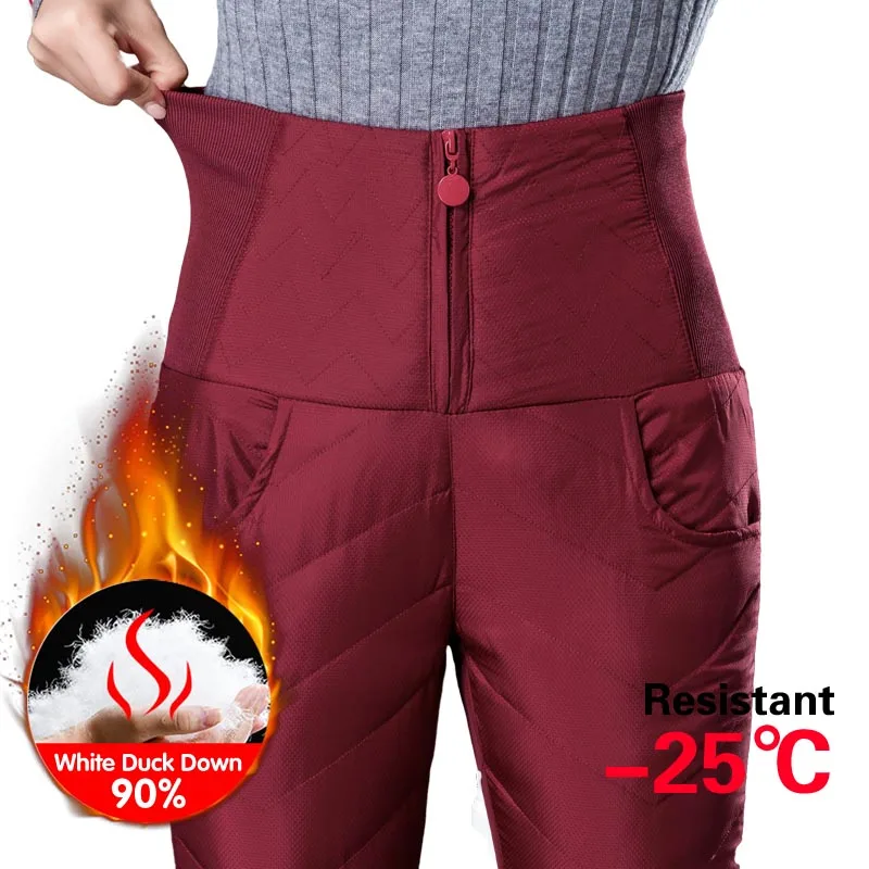 

Winter Casual Women 90% White Duck Down Pants Winter Thick Warm Slim Elastic High Waist Pencil Pants For Women Trousers