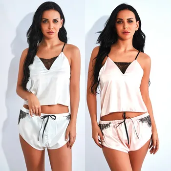 

Women Satin Pajamas Set Silk Camisole Shorts Sleepwear Sexy Lingerie Pyjamas Lace Patchwork Nightwear Summer Pijama Home Clothes