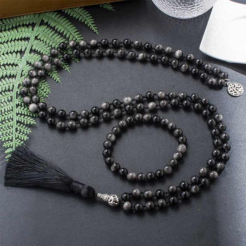 

8mm Natural Obsidian Beaded Knotted Mala Necklace 108 Japamala Meditation Yoga Rosary Jewelry with Tree of Life Pendant
