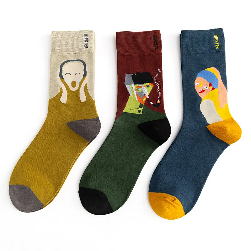 

Unisex Oil painting style Men Socks 100 Cotton Harajuku Colorful Full Socks Men Standard 1 Pair size 35-43