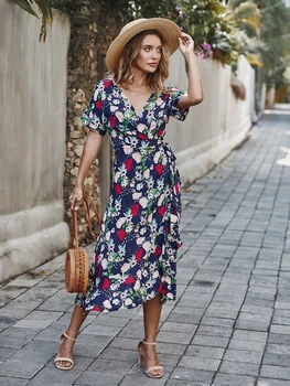 

Sexy v-neck floral print long dress Elegant Short sleeve female maxi dress Summer Casual wrap ruffle sash beach ladies dresses