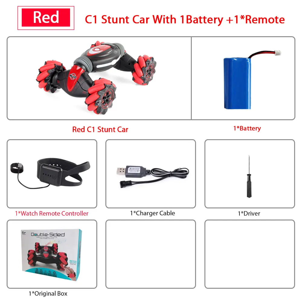 Remote Control Stunt Car Gesture Induction Twisting Off-Road Vehicle Light Music Drift Dancing Side Driving RC Toy Gift for Kids - Color: RED 1Remote 1B