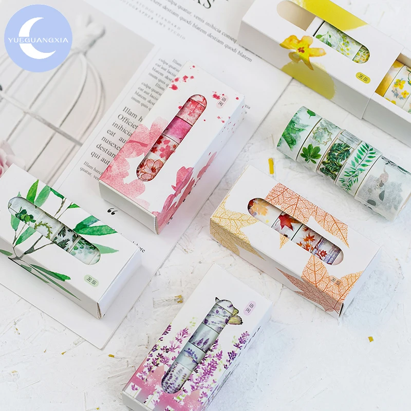

YUEGUANGXIA 5pcs/box Peach Bamboo Maple Leaf Washi Paper Tapes Bullet Journaling Deco Sticker Tape Masking Tapes 8 Designs