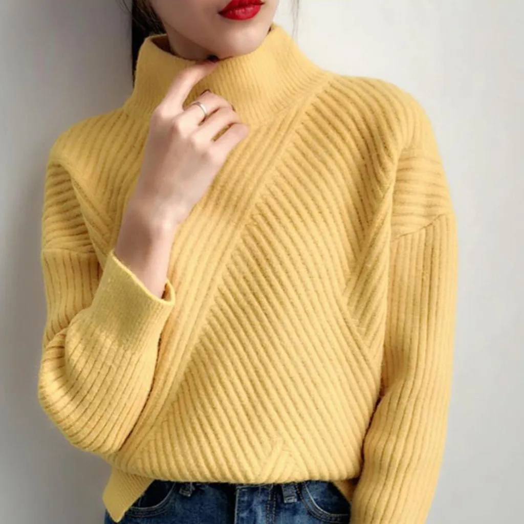 Женский зимний Повседневный свободный свитер с высоким воротом модный вязаный свитер с v-образным вырезом и длинным рукавом стильный Повседневный тонкий базовый свитер - Цвет: Yellow