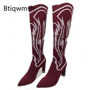 

2019 Elastic Knitting Knee High Boots Woman Pointed Toe Embroidery Flower Strange High Heel Boots Woman Stretch Socking Boots