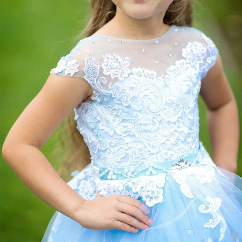 627 Light Blue Flower Girl Dress High Low Lace Tulle Backless Wedding Princess Girls Pageant Dress For Party Birthday Wear