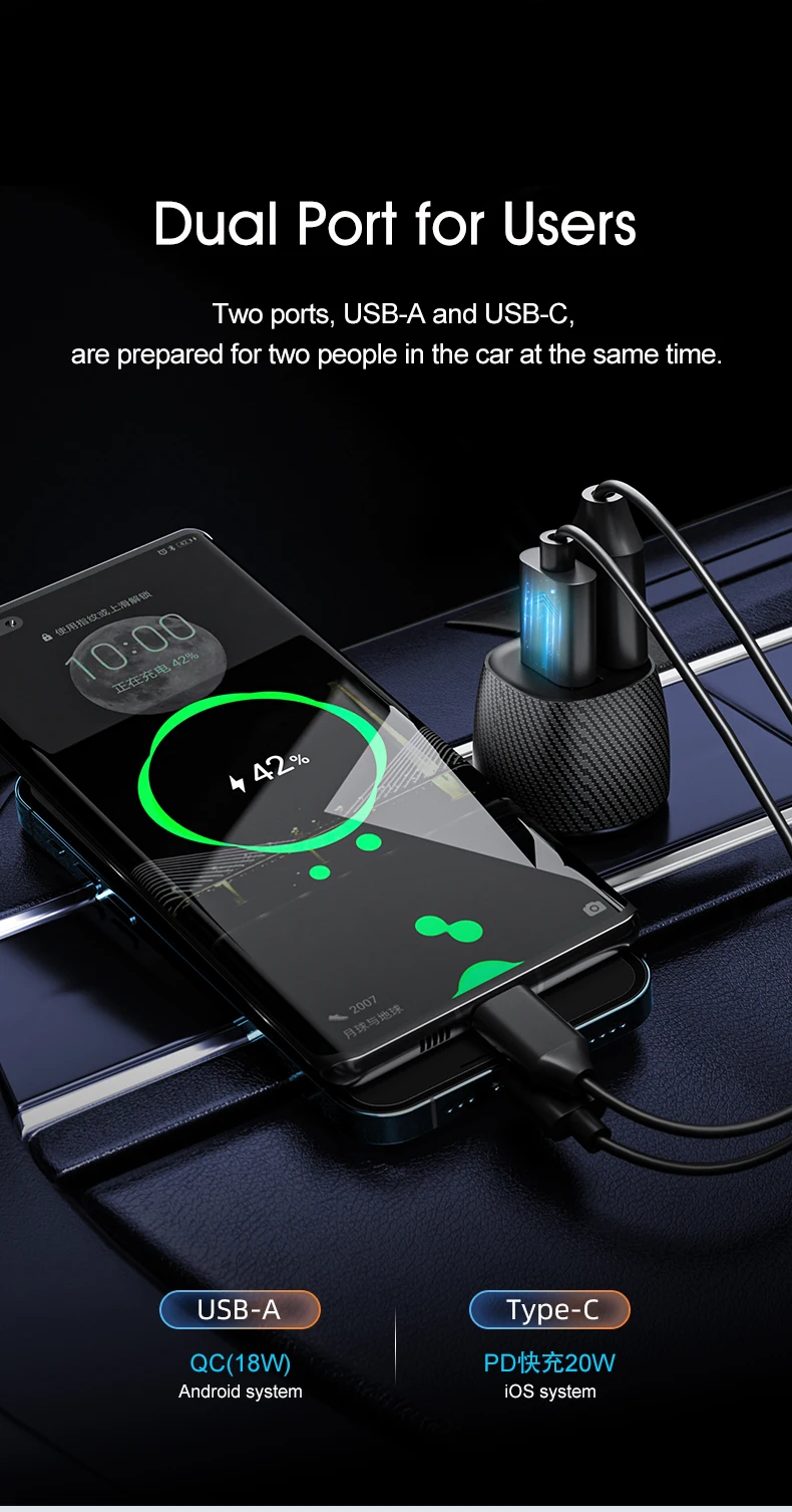 QCY 20W Car Charger Dual Port USB Mini Car Charger PD QC Quick Charge USB-A USB-C Car Adapter for iOS Android CR05