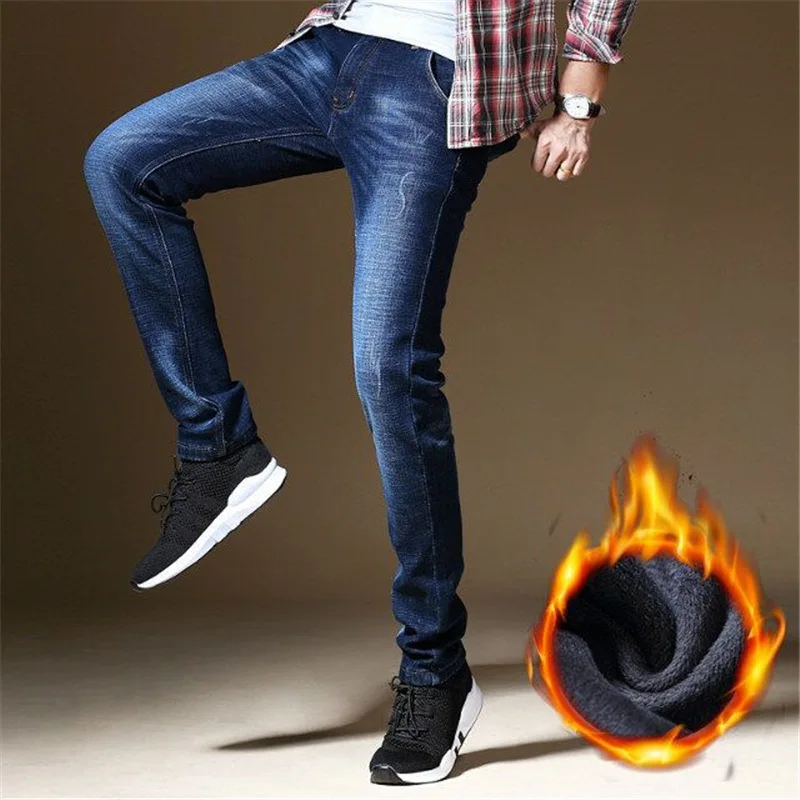 Winter Thermal Warm Stretch Jeans Mens Winter Quality Famous Brand Fleece Pants Men Straight Flocking Trousers Jeans Male - Цвет: Dark blue