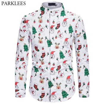 

Men's Funny Santa Claus Print Ugly Christmas Shirts 2019 New Stand Collar Xmas Long Sleeve Novelty Chemise Feliz Navidad Camisas