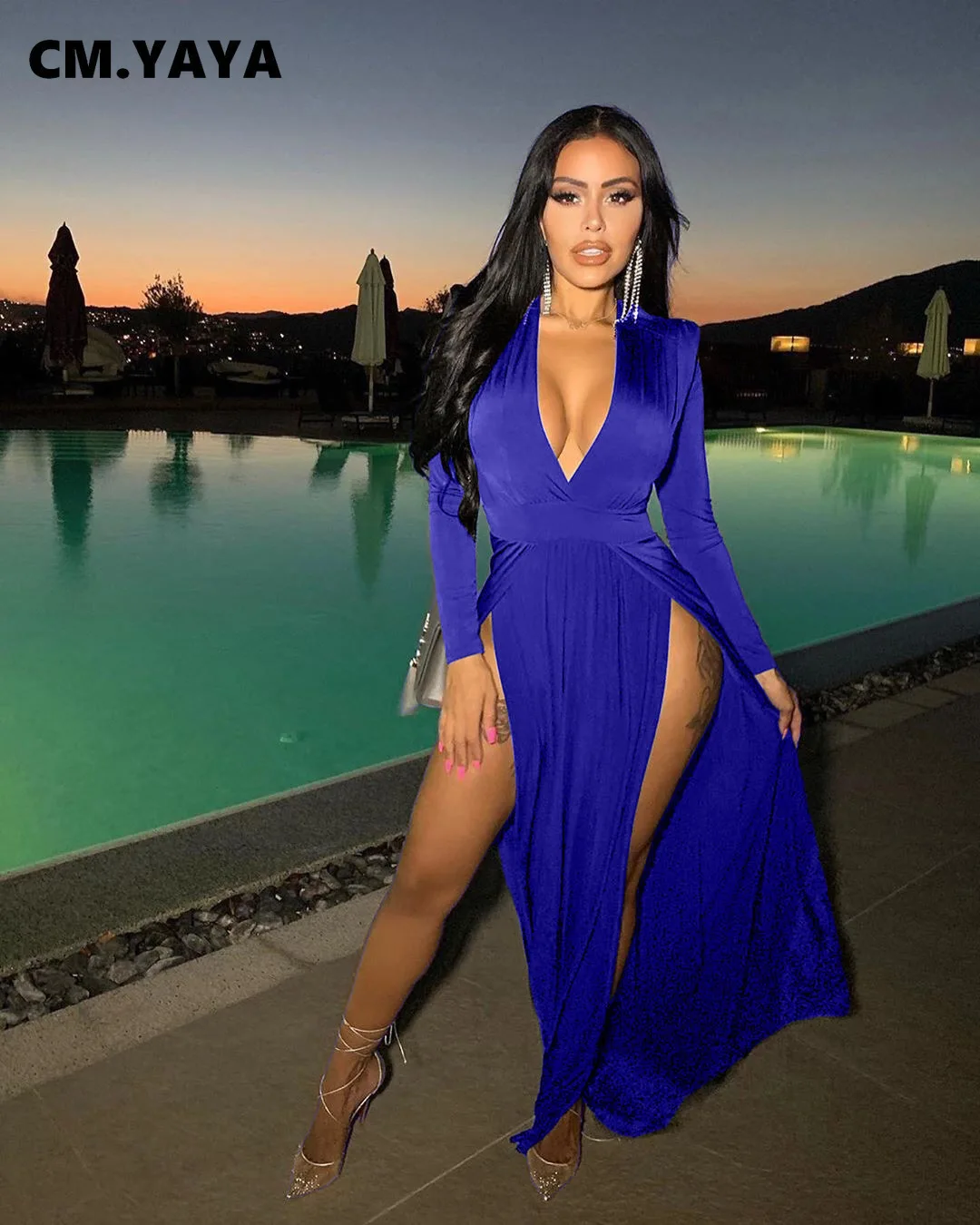 ★韓国人気★SWIMCITY★Long night dress CM.YAYA Women High Side Slit Deep V-neck Maxi Long Dress