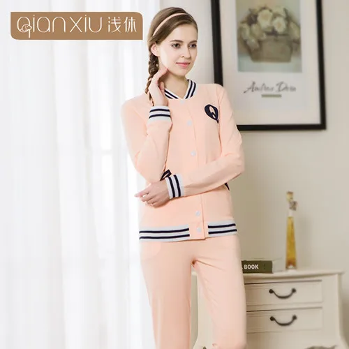 New Spring Autumn Couples Long Sleeve Stripe V Collar Cuffs Diagonal Pocket Cotton Home Clothes Suit Buttom Cardigan Sleepwear Warm orange