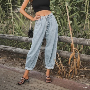 

Women 2020 Loose Casual Harem Pants Boyfriends Mom Jeans Streetwear Denim Pants Pleated Trousers Slouchy Jeans