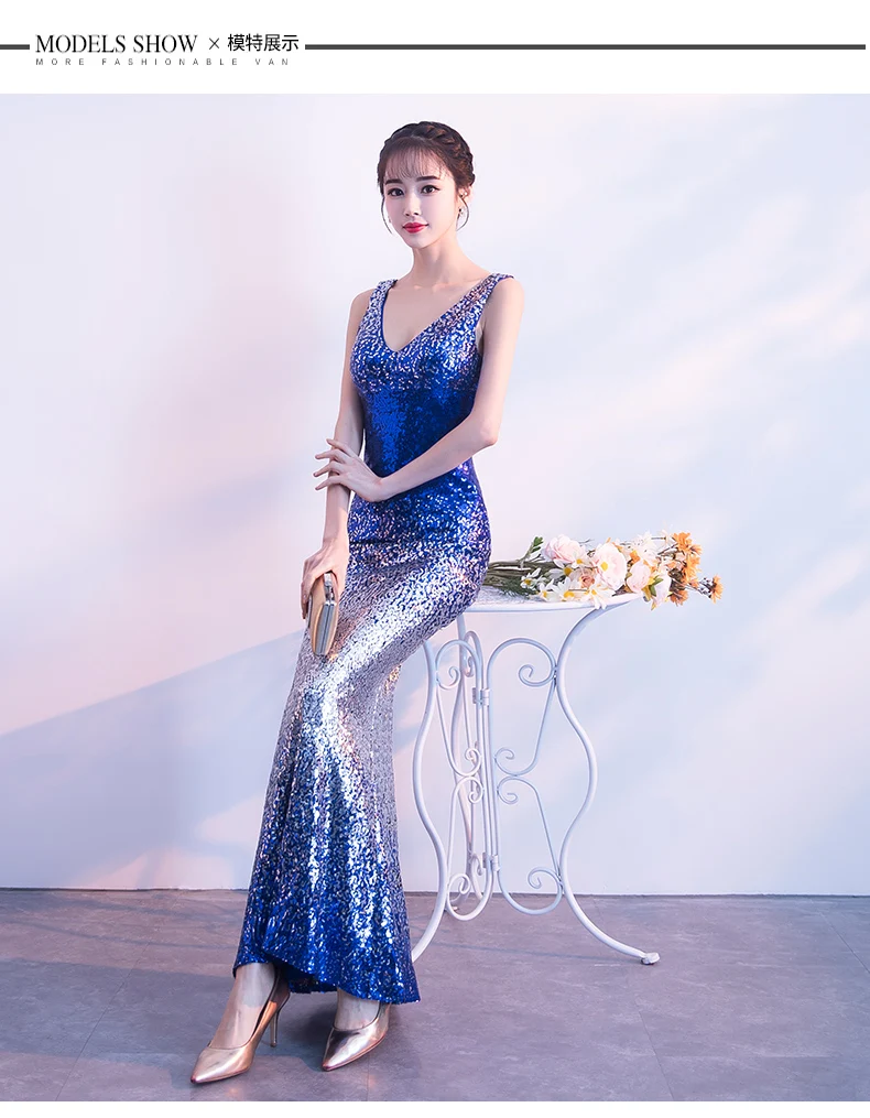 Королевский синий градиент sequines v шеи Русалка длинное леди девушка вечернее платье выпускного вечера