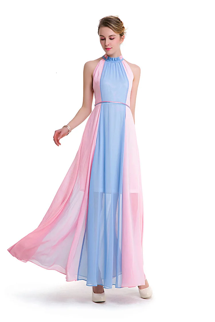 BacklakeGirls Vestidos Largos, Пляжное Платье, Новое поступление, контрастный цвет, сексуальное, на шее, без рукавов, шифоновое вечернее платье Sukienki