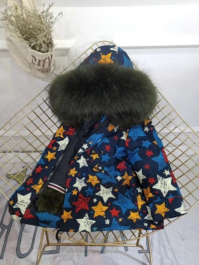 Children Winter Jacket Graffiti Boys Girls Real Fur Coat Thick Warm Rabbit Fur Kids Jacket Coat Furry Natural Fur Collar TZ428 - Цвет: Star Dark Green Fur