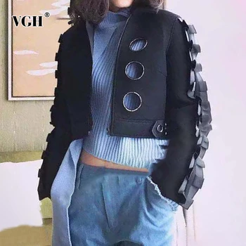

VGH Casual Patchwork Ruffle Women's Coats Lapel Collar Long Sleeve Zipper Hollow Out Irregular Short Coat Female Clothes Fashion