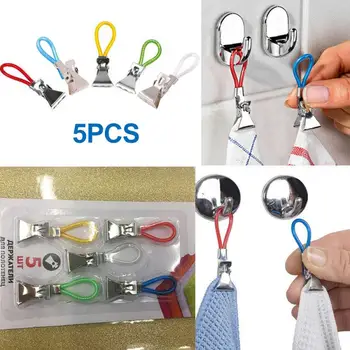 

5Pcs/Set Tea Towel Hanging Clip on Hooks Loops Hand Towel Hangers Loops Towel Multifunction Cloth Peg Pliers Shirt Folder