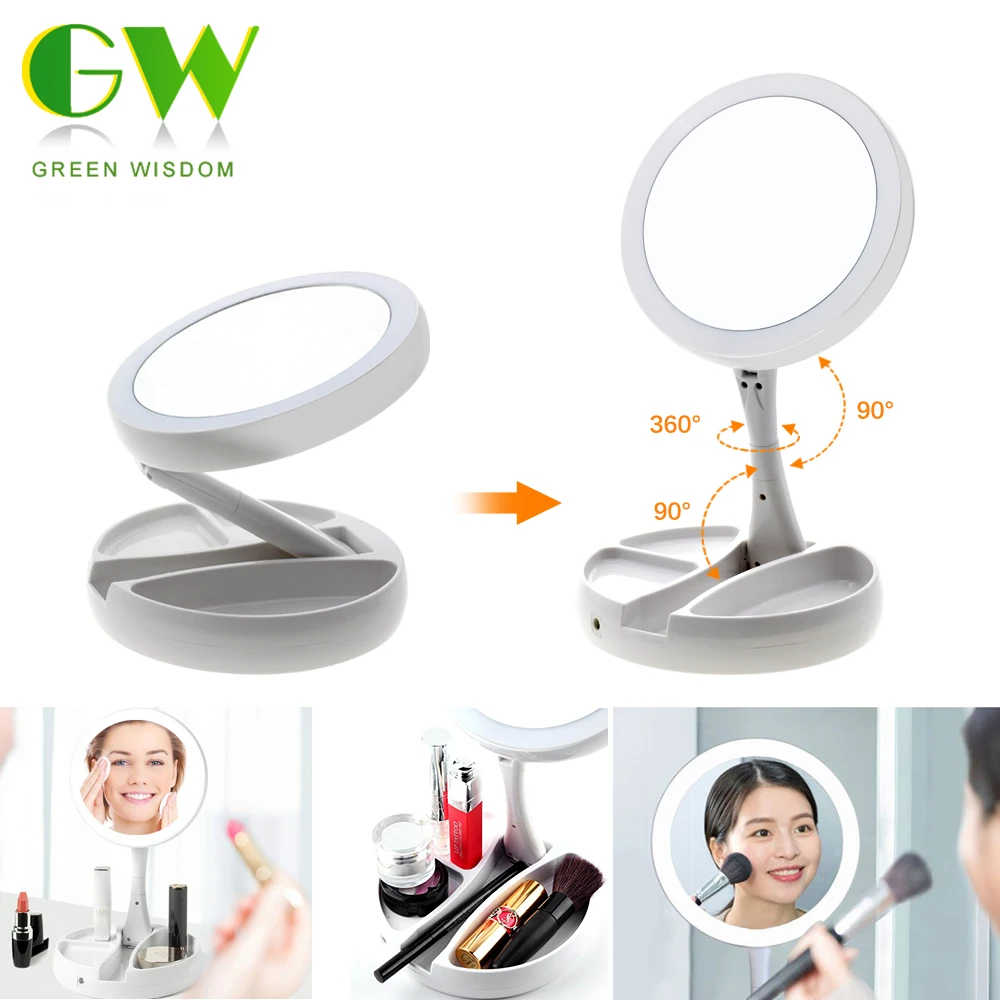 

LED Lighted Folding Makeup Mirror 1X10X Magnifying Rechargeable HD Cosmetic Mirrors Table Round Shape Double-sided Vanity Mirror