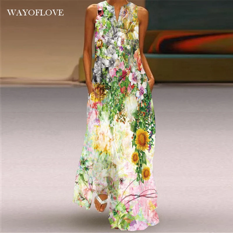 WAYOFLOVE-Vestido largo informal de verano sin mangas para chica, traje playero Vintage de talla grande, estampado Floral, 2021