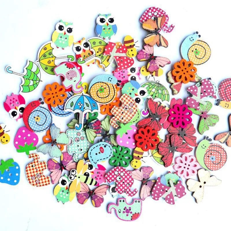 

Cartoon Printed Animal Flower Piece Handmade DIY Stickers Wooden Buttons 50 Pieces Style Random