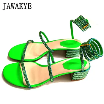 

JAWAKYE Ankle Strap gladiator Sandals Women Square Rhinestone heels lady Crystal Sandals low heel nude Green Party Summer Shoes