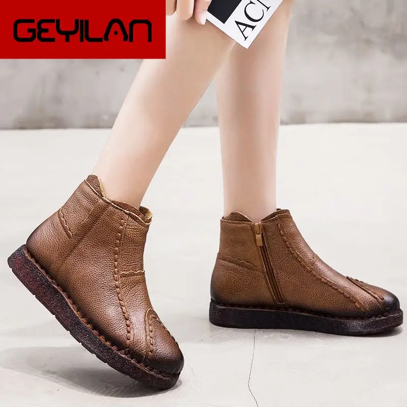 

Women Retro Boots Fashion Handmade Ankle Boots Genuine Leather Flat Boots Comfort Soft bottom Female Casual Shoes Women