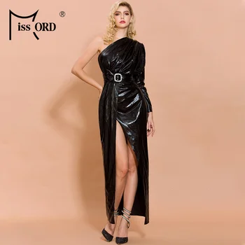 

Missord 2020 Women Sexy Irregular Neck Off Shoulder Dresses Female Elegant High Split Latex Maxi Dress FT19828