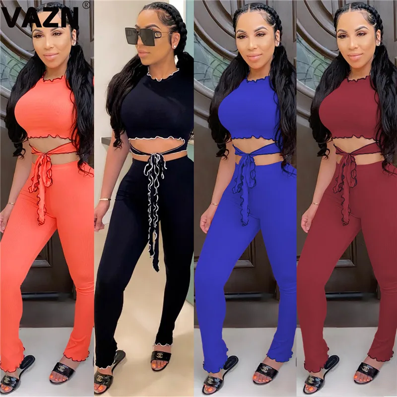 Vazn High Street 2020 Sexy Lady 4 Colors Long 2 Piece Set Short Pullover Lace Up Tees Long 