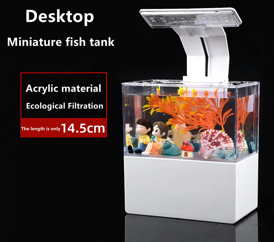 USB Desktop Fish Tank Aquarium Petcare Turtles And Fish color: black|White
