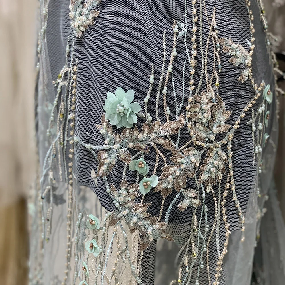 Luxury Design Green/Gray-Green 2021 Bridal Handmade Beaded African Guipure Cord 3D Flower Embroidered Lace Fabric Dress Material | Дом и сад