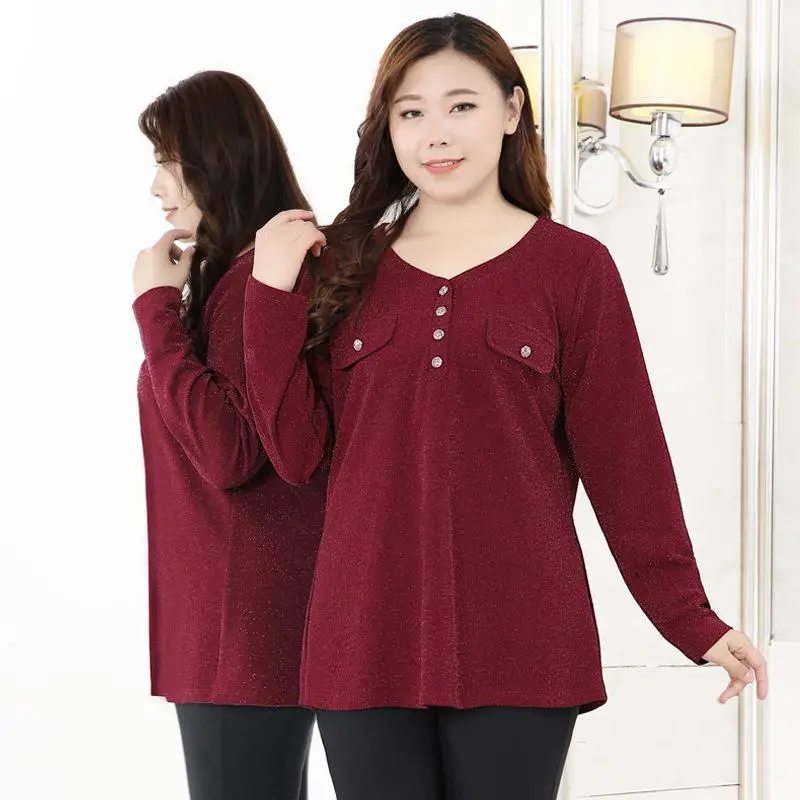 Женская Весенняя футболка с длинными рукавами размера плюс 10XL 8XL 6XL 4XL, Женская Повседневная тонкая футболка с v-образным вырезом, блестящие футболки для женщин - Цвет: RED