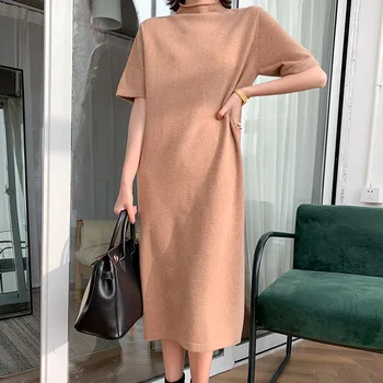 

Mid-length half-sleeved loose dress long knit bottoming short-sleeved 2020 new full wool half-high collar dress
