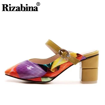 

RIZABINA Fashion Mixed Color Women Sandals Real Leather Buckle Thick Heels Slippers Summer Outdoor Women Shoes Size 33-40