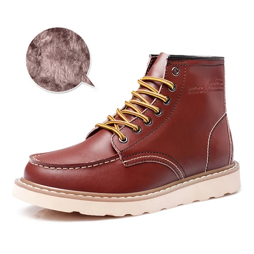 JUNJARM; мужские Ботильоны; мужские рабочие ботинки из натуральной кожи; модные мужские кожаные ботинки; Высококачественная Черная Мужская зимняя обувь - Цвет: RedWine With Fur